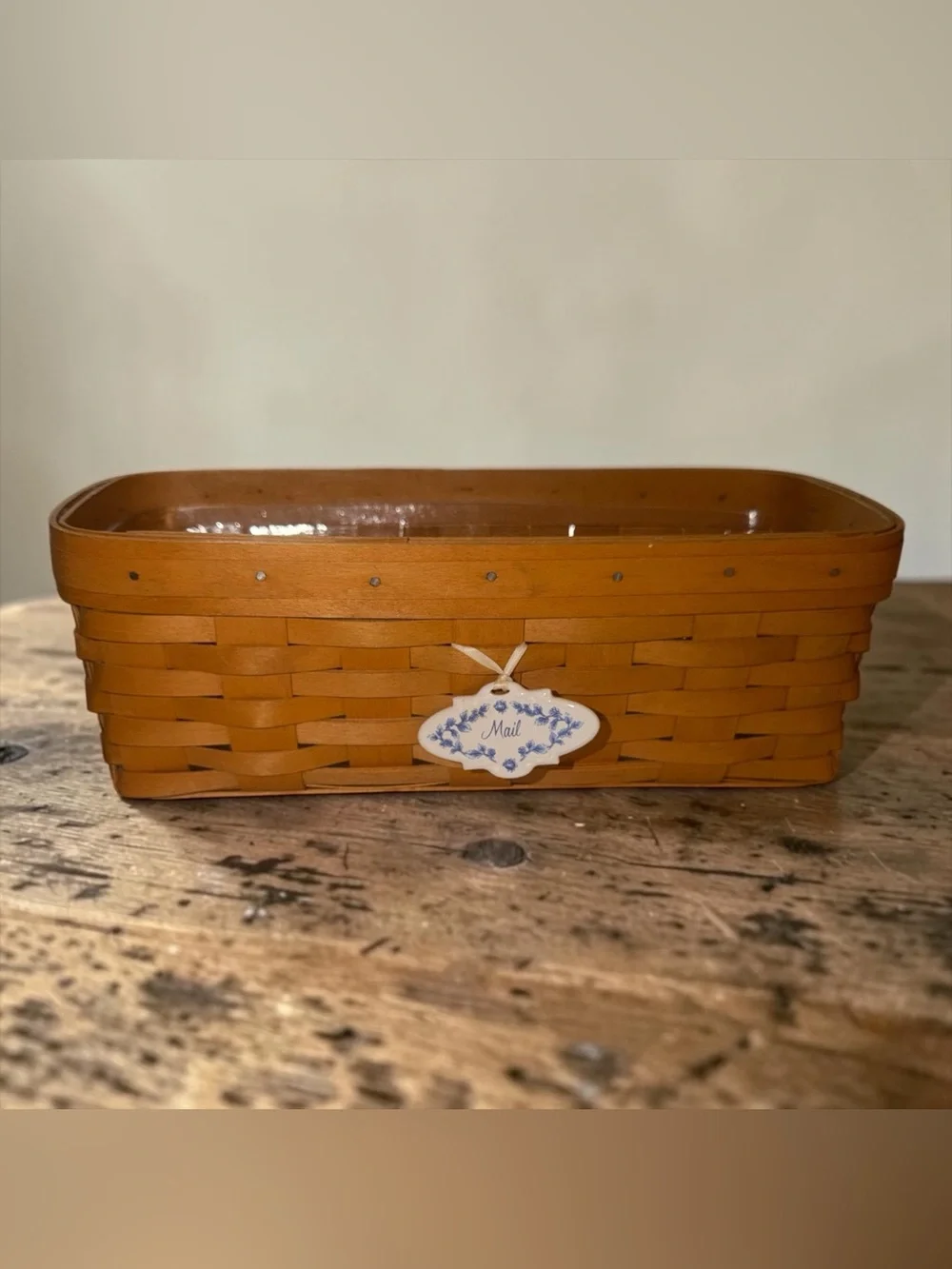 Longaberger Brown Woven Mail Basket with Decorative Ceramic Tag